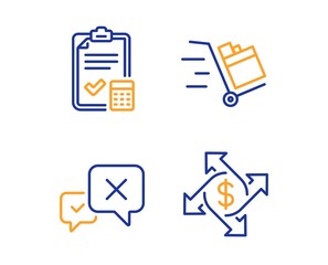Push cart, Reject and Accounting checklist icons simple set. Payment exchange sign. Express delivery, Delete message, Calculator. Money transfer. Linear push cart icon. Colorful design set. Vector