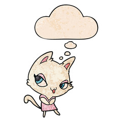 cartoon female cat and thought bubble in grunge texture pattern style