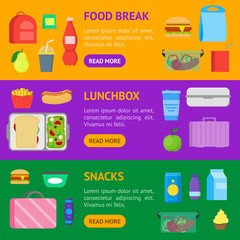Cartoon Color School Lunch Food Boxes Banner Horizontal Set. Vector