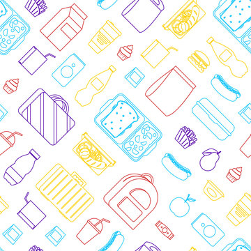 Thin Line Color School Lunch Food Boxes Seamless Pattern Background. Vector
