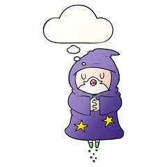 cartoon floating wizard and thought bubble in smooth gradient style
