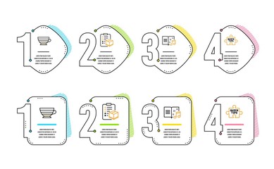 Parcel checklist, Cappuccino and Music book icons simple set. Quick tips sign. Logistics check, Coffee cup, Musical note. Tutorials. Infographic timeline. Line parcel checklist icon. Vector