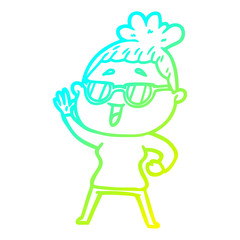 cold gradient line drawing cartoon happy woman wearing spectacles