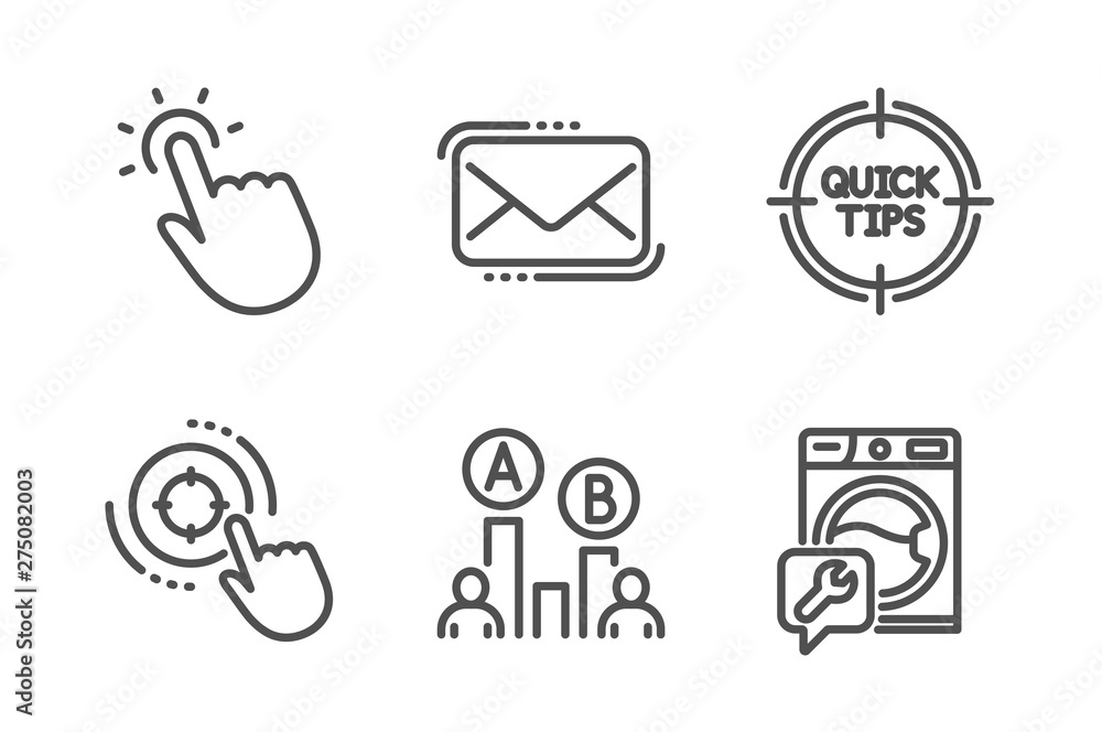 Poster touchpoint, seo target and messenger mail icons simple set. tips, ab testing and washing machine sig
