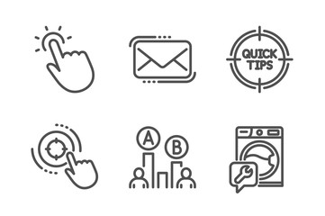 Touchpoint, Seo target and Messenger mail icons simple set. Tips, Ab testing and Washing machine signs. Touch technology, Click aim. Technology set. Line touchpoint icon. Editable stroke. Vector