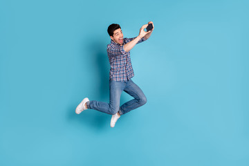 Ful length body size view photo charming youth make photo video call blog blogger social network...
