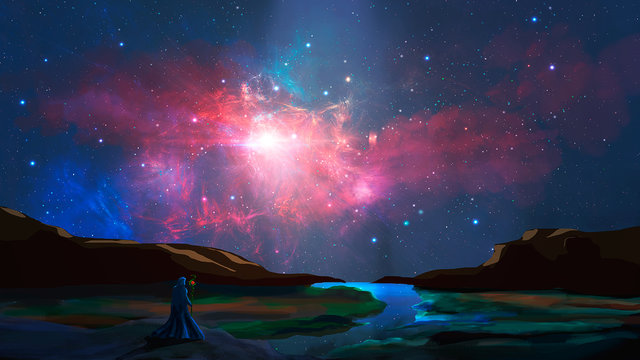 Magician stand in sci-fi landscape with river, rock and colorful nebula, digital painting. Elements furnished by NASA