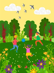 Fototapeta premium Children playing in group vector, boys and girls with inflatable ball outdoors activities of kids, swallows flying in sky. Forest with trees and flowers