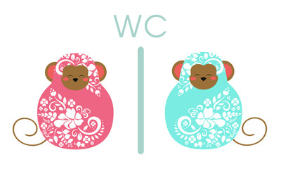 Sign toilet WC on white background cute kawaii monkey nesting doll  matrioshka, symbolizing male and female, nameplate pointer