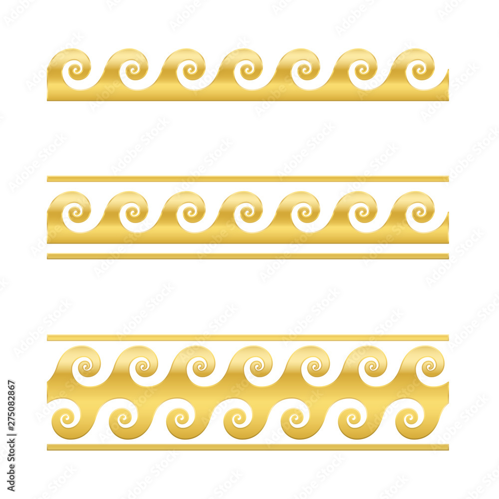 Poster golden wave pattern, greek meander design. running dog pattern over white, decorative border. also v