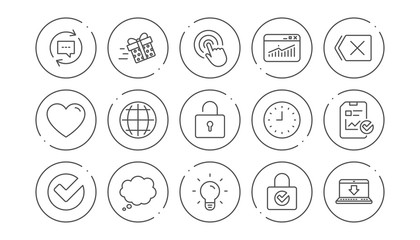 Report, Time and Globe line icons. Statistics, Light bulb and Gift surprise box. Linear icon set. Line buttons with icon. Editable stroke. Vector