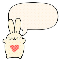 cute cartoon rabbit and love heart and speech bubble in comic book style