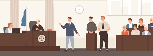 Advocate or barrister giving speech in courtroom in front of judge and jury. Legal defence, public hearing and criminal procedure at court or tribunal. Flat cartoon colorful vector illustration. - obrazy, fototapety, plakaty