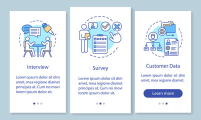 Customers profile methods onboarding mobile app page screen with linear concepts. Interview, survey, customer data walkthrough steps, instructions. UX, UI, GUI vector template with illustrations