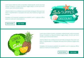 Summer big sale set of posters with text sample. Promotion and special discounts for products. Pineapple and slice of tropical fruit reduction vector