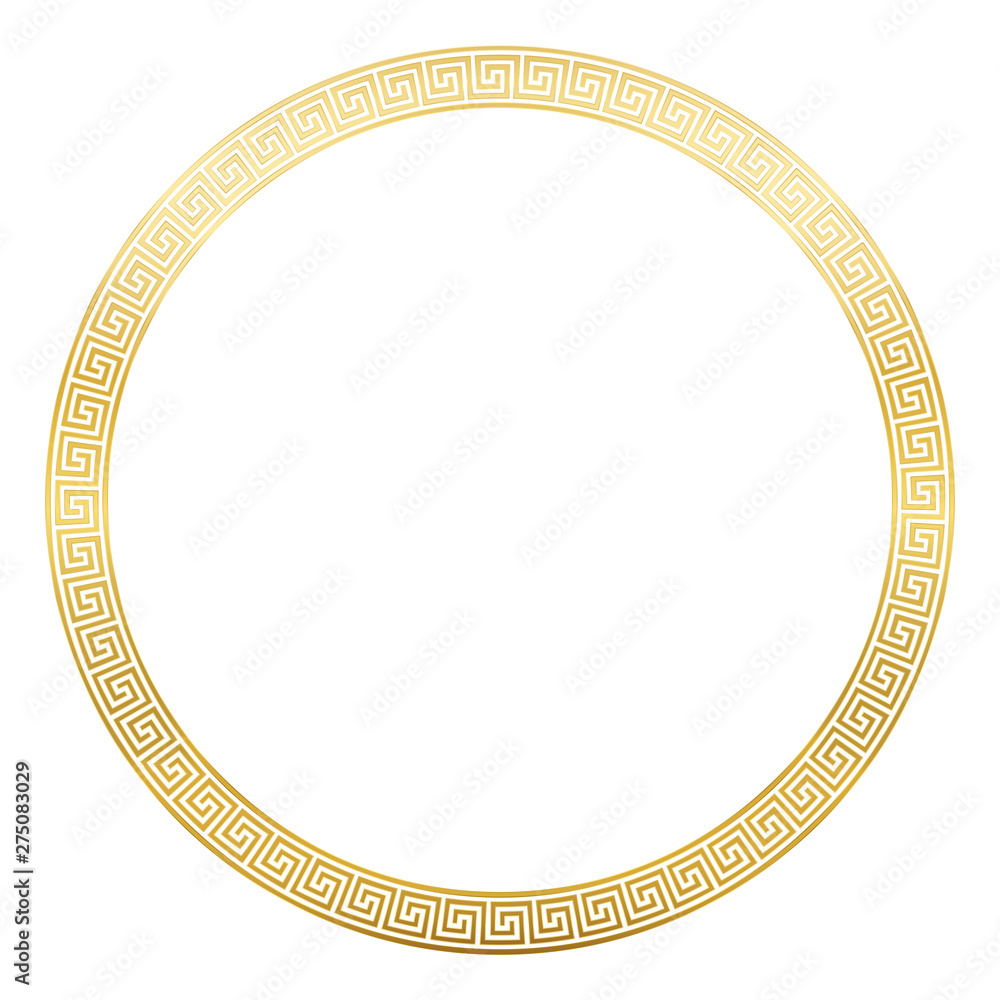 Poster ancient pattern frame, round golden meander design with seamless greek pattern, decorative border, c