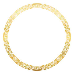 Ancient pattern frame, round golden meander design with seamless greek pattern,  decorative border, constructed from continuous lines, shaped into a repeated motif. White background.