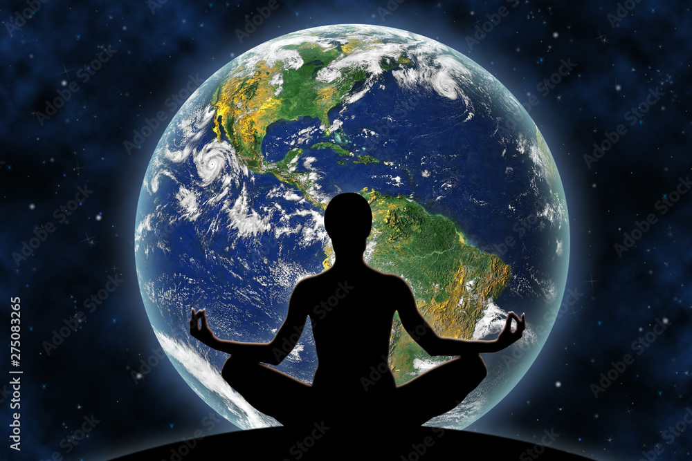 Wall mural female yoga figure against a space background and a planet earth. elements of this image furnished b