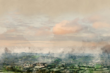 Fototapeta premium Digital watercolor painting of Beautiful dawn landscape over Somerset Levels in English countryside