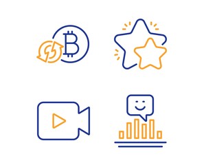 Video camera, Refresh bitcoin and Star icons simple set. Smile sign. Movie or cinema, Update cryptocurrency, Customer feedback. Positive feedback. Linear video camera icon. Colorful design set. Vector
