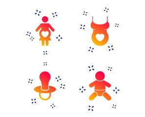 Fototapeta premium Maternity icons. Baby infant, pregnancy and dummy signs. Child pacifier symbols. Shirt with heart. Random dynamic shapes. Gradient maternity icon. Vector