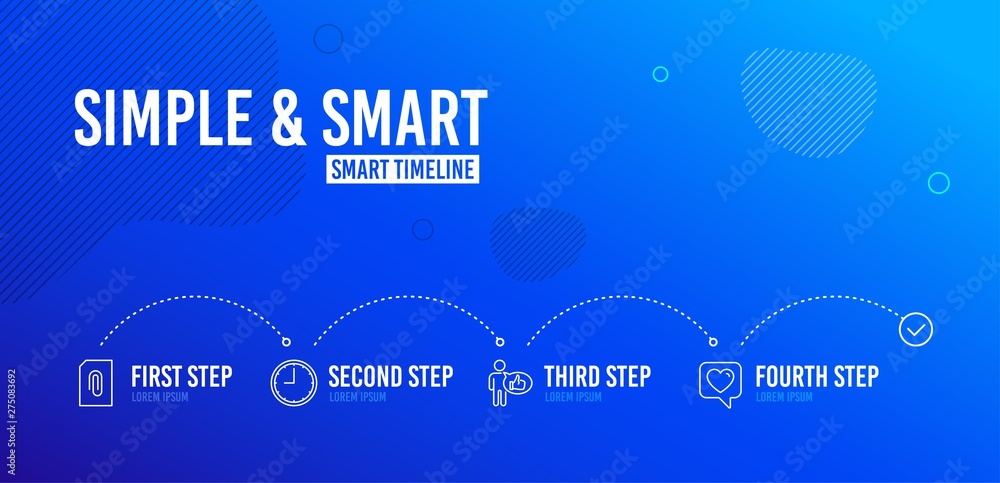 Poster infographic timeline. attachment, time and like icons simple set. heart sign. attach document, offic