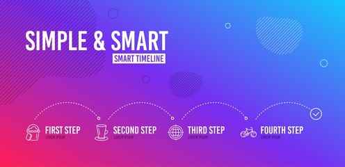 Infographic timeline. Teacup, Seo internet and Sponge icons simple set. Bicycle sign. Tea or latte, Globe, Cleaner bucket. Bike. 4 steps layout. Line teacup icon. Vector