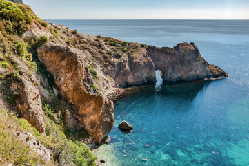 Rocky coast of the Black Sea, Diana's Grotto, Cape Fiolent, Sevastopol, Crimea, Russia