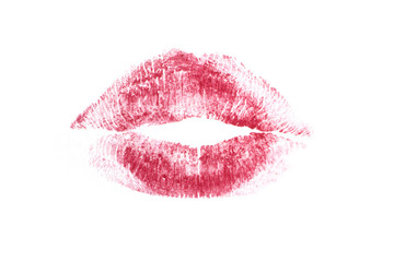 Imprint red of lipstick female lips on a white paper. 