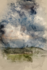 Digital watercolor painting of Stunning landscape image of Belle Tout lighthouse on South Downs National Park during stormy sky