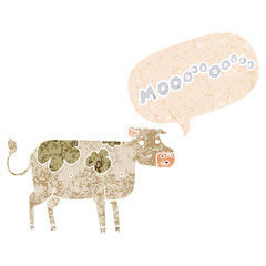 cartoon cow and speech bubble in retro textured style