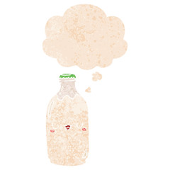 cute cartoon milk bottle and thought bubble in retro textured style