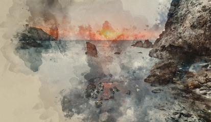 Obraz na płótnie Canvas Digital watercolor painting of Hope Cove sunset landscape seascape with rocky coastline and long exposure