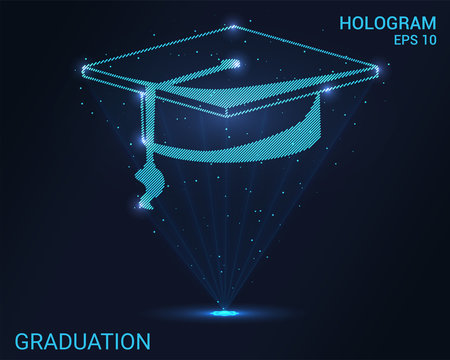 Hologram graduation. Holographic projection of the graduate's cap. Flickering energy flux of particles. Scientific design education.