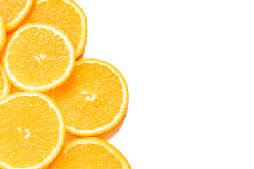 Fresh bright round orange slices. Shades of orange. Flat lay, top view, bright design. Fruit composition. Concept of vitamin C, healthy wholesome food.