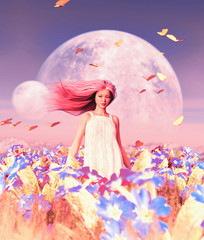 Obraz na płótnie Canvas Woman in flower field,3d rendering