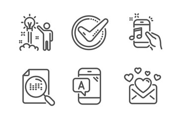 Ab testing, Confirmed and Creative idea icons simple set. Search file, Music phone and Love mail signs. Phone test, Accepted message. Technology set. Line ab testing icon. Editable stroke. Vector