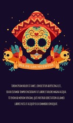 Sugar Skull Portrait with ribbon, red roses, candle. Day of the dead, Dia de Los Muertos, banner with colorful Mexican flowers. Fiesta, holiday poster- Vector Illustration