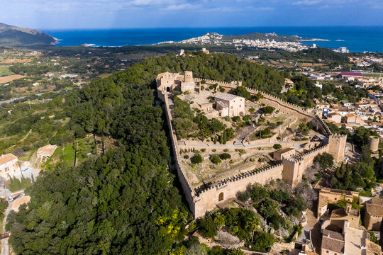 Aerial view, Castell de Capdepera, in the village of Capdepera, Mallorca, Balearic Islands, Spain
