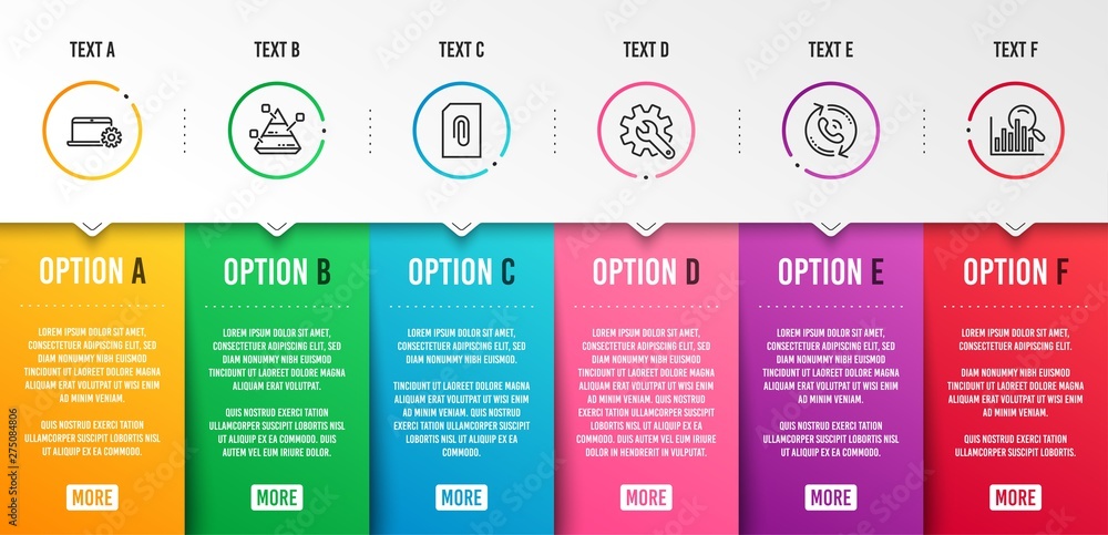 Poster pyramid chart, attachment and notebook service icons simple set. customisation, call center and sear