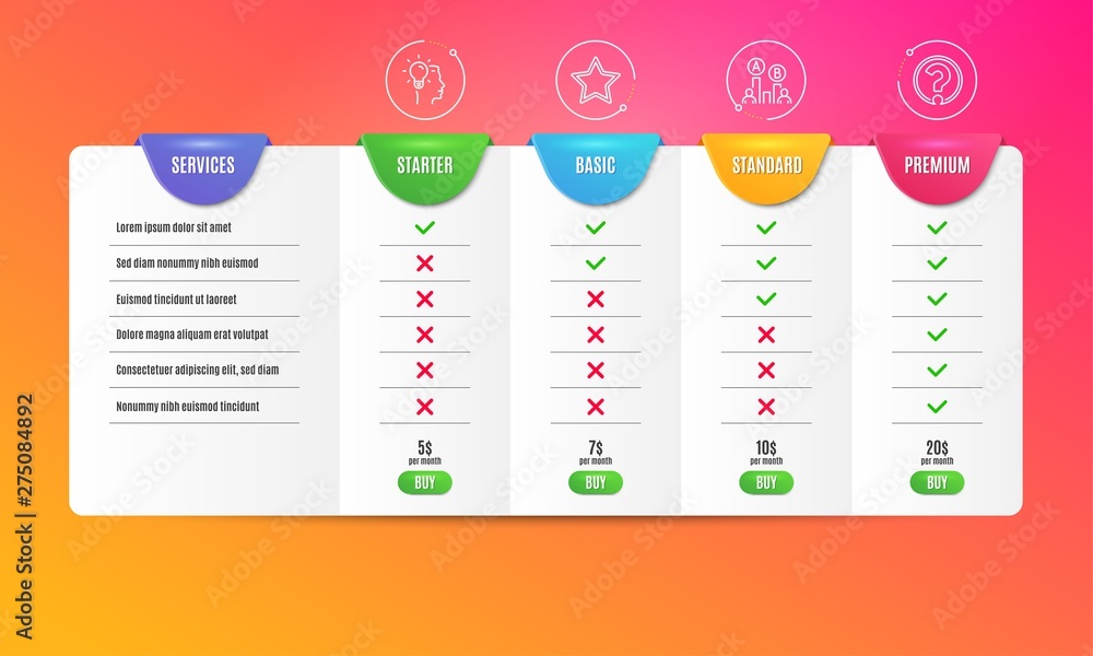 Poster star, ab testing and idea icons simple set. comparison table. question mark sign. best rank, test ch