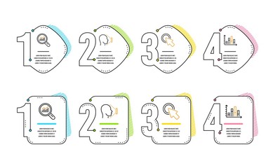 Click here, Data analysis and Face id icons simple set. Diagram graph sign. Push button, Magnifying glass, Identification system. Presentation chart. Science set. Infographic timeline. Vector