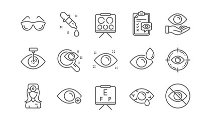 Optometry, Eye doctor line icons. Medical laser surgery, glasses and eyedropper. Pink eye, Cataract surgery and allergy icons. Optician board, oculist chart. Linear set. Vector - obrazy, fototapety, plakaty
