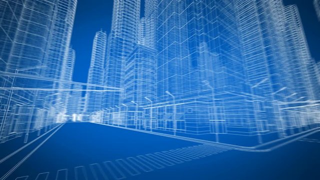 Beautiful Modern City Moving Through the Digital 3d Blueprint Road View. Construction and Technology Concept. Blue Color 3d Animation Looped. 4k UHD 3840x2160. Short Version.