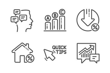 Quick tips, Graph chart and Messages icons simple set. Loan percent, Loan house and Accounting signs. Helpful tricks, Growth report. Technology set. Line quick tips icon. Editable stroke. Vector