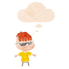 cartoon boy wearing sunglasses and thought bubble in retro textured style