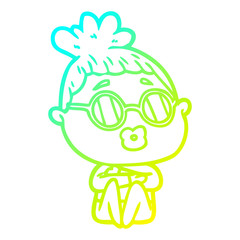 cold gradient line drawing cartoon sitting woman wearing spectacles