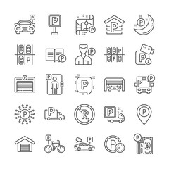 Parking line icons. Valet servant, Car garage and Paid transport parking icons. Video monitoring, Bike or Car park and Truck or Bus transport garage. Money payment, Map pointer and Free park. Vector