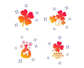 Saint Patrick day icons. Money bag with clovers and coins sign. Symbol of good luck. Random dynamic shapes. Gradient clover icon. Vector