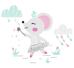 Mouse baby girl cute print. Sweet animal with magic wand, ballet tutu, crown, landscape with clouds.